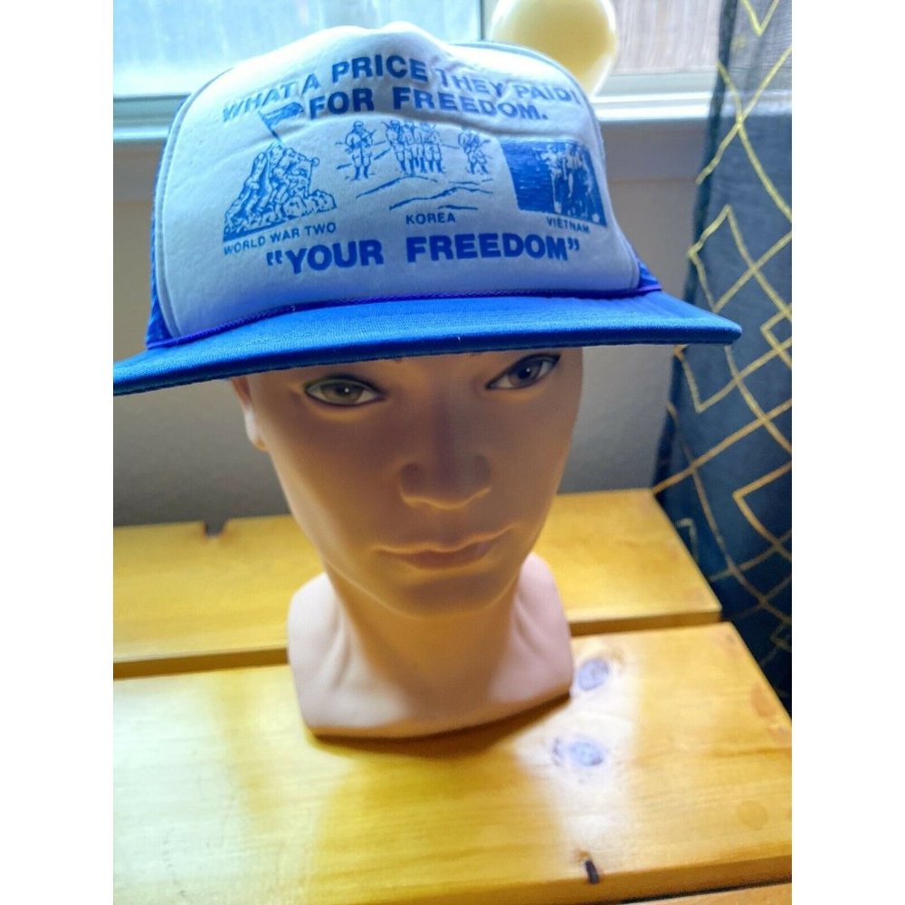Blue White Veterans Trucker Hat Freedom War Man Woman Adjustable Mesh Snapback